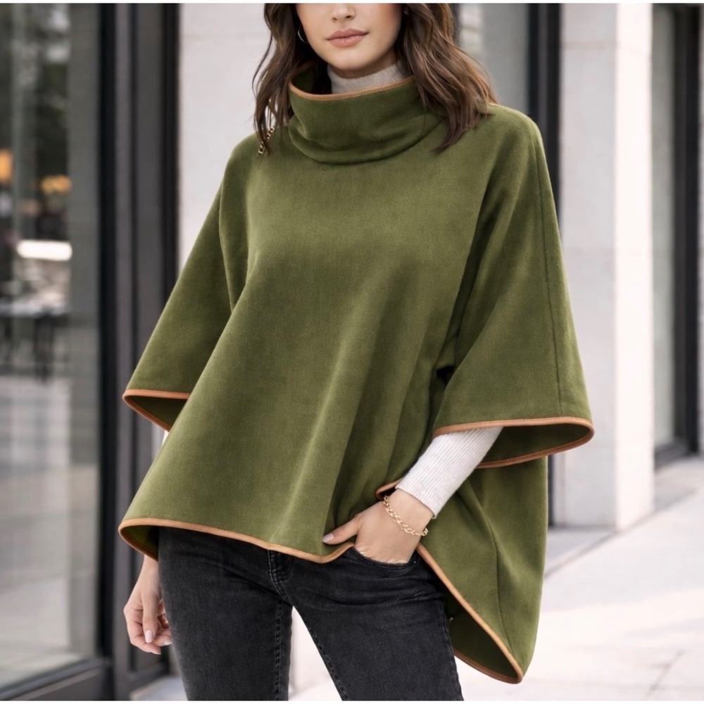 Tuckernuck Leather Trim Funnel Neck Piper Poncho One Size Olive Chic Old Money